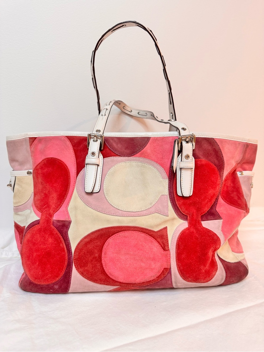 Coach Suede Patchwork Tote in Pink, Red & Cream